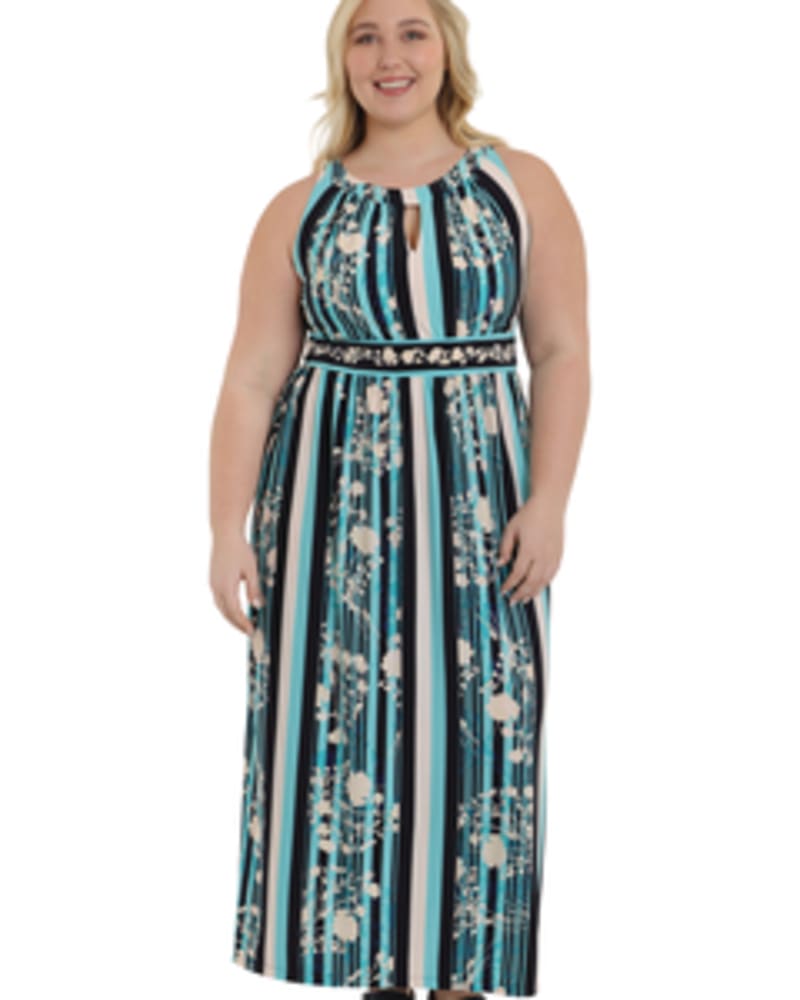 Front of a model wearing a size 1X Rory Halter Maxi Dress in AQUA NAVY by London Times. | dia_product_style_image_id:254880